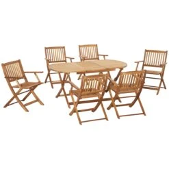 Outsunny Conjunto De Jardín De Madera Plegable 7 Piezas Mesa De Comedor 160x85x72 Cm Con Agujero Para Sombrilla Ø38mm 6 Sillas 60x55x91 Cm Para Terraza Balcón Exterior Teca