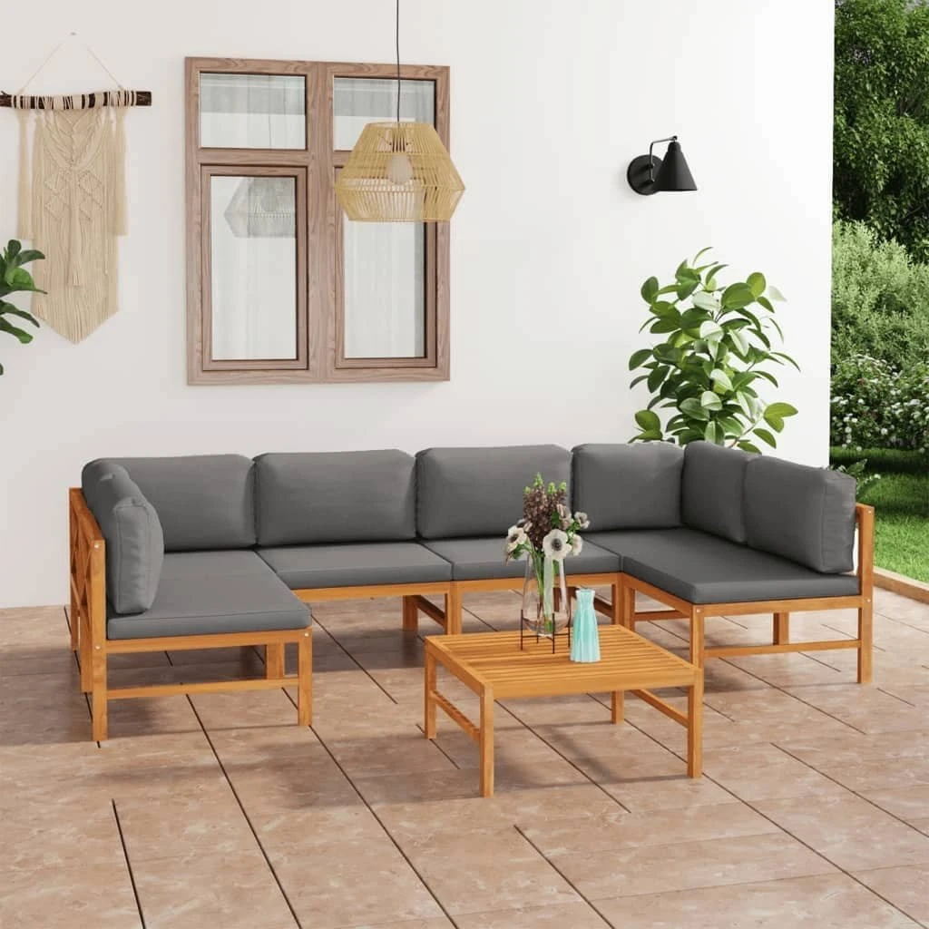 Set De Muebles De Jardín 7 Pzas Madera De Teca Y Cojines Gris VidaXL - Imagen 3