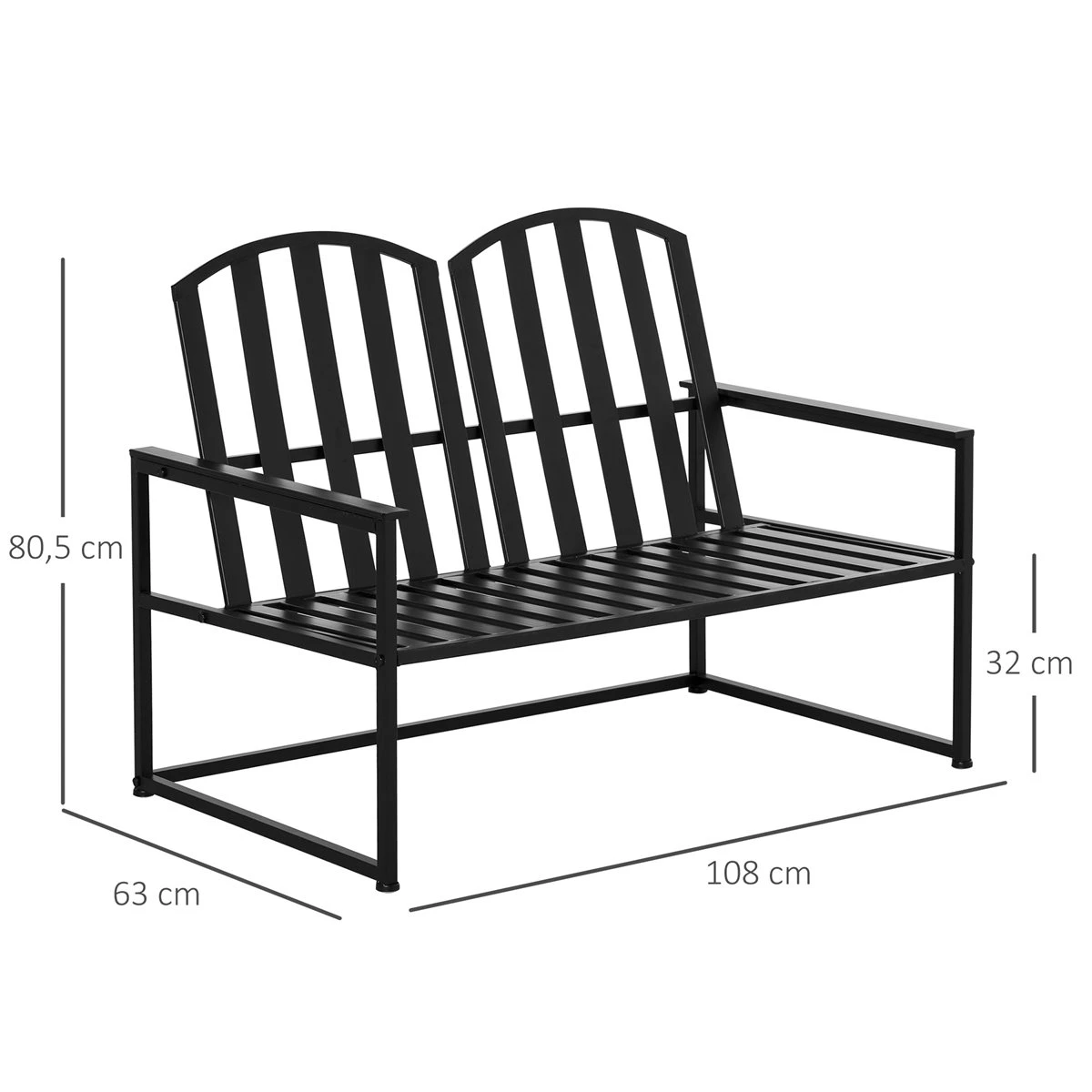 Outsunny Banco De Jardín De 2 Plazas Metal Con Respaldo Alto Y Reposabrazos Para Exterior Parque Patio Terraza Estilo Rústico Carga Máx. 220 Kg 108x63x80,5 Cm Negro - Imagen 3