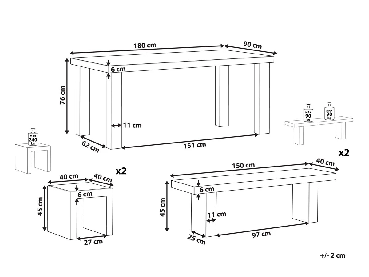 Conjunto De Jardín De Cemento Reforzado Mesa 2 Bancos Y 2 Taburetes Gris TARANTO - Imagen 3