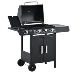 Outsunny Barbacoa De Gas BBQ Con 3+1 Quemadores 11,6 KW 2 Mesas Laterales Armario De 2 Puertas Termómetro Y 2 Ruedas Acero Inoxidable 110x50x100 Cm Negro