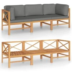 Sofá De Jardín 3 Plazas Con Cojines Gris Madera Maciza De Teca VidaXL