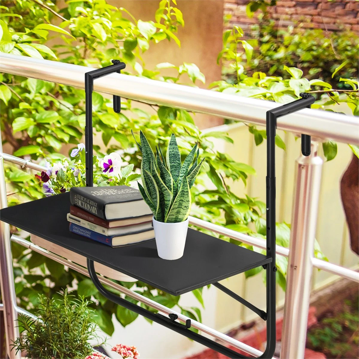Outsunny Mesa Colgante Para Balcón Mesa De Pared De Acero Con Altura Ajustable En 4 Posiciones Carga Máx. 15 Kg Para Terraza Jardín 60x60,5x56-71 Cm Negro - Imagen 2
