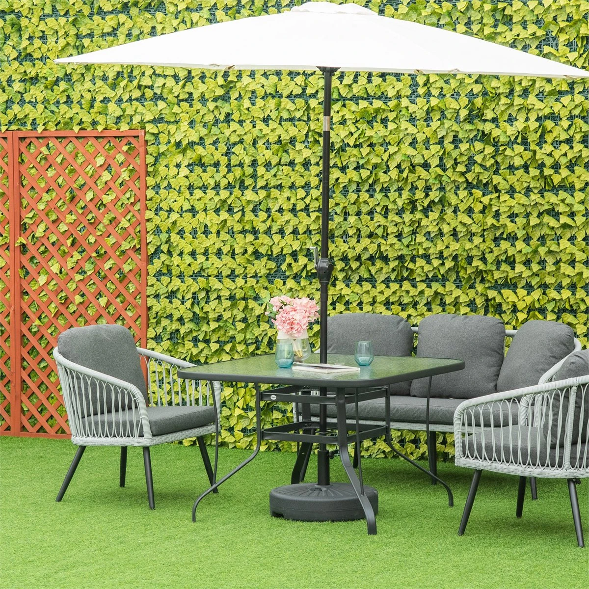 Outsunny Mesa De Cristal De Jardín Con Agujero Para Sombrilla Mesa Para Comer Cuadrada Con Marco De Acero Para Exterior Terraza Balcón 106,5x106,5x71 Cm Negro - Imagen 2