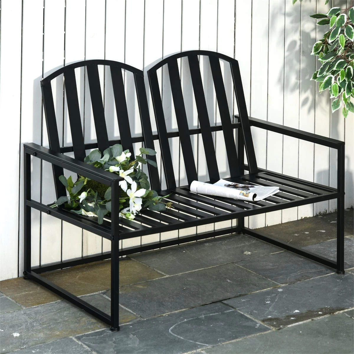 Outsunny Banco De Jardín De 2 Plazas Metal Con Respaldo Alto Y Reposabrazos Para Exterior Parque Patio Terraza Estilo Rústico Carga Máx. 220 Kg 108x63x80,5 Cm Negro - Imagen 2