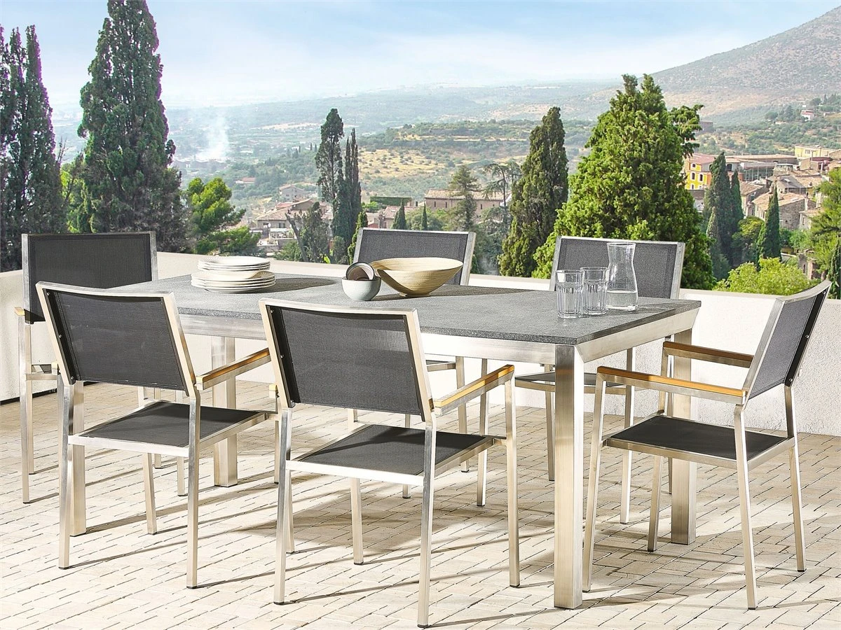 Mesa De Comedor De Metal/granito Gris Grafito/plateado 180 X 90 Cm GROSSETO