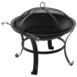 Outsunny Brasero Exterior De Metal Ø56 Cm Cuenco De Fuego De Jardín Con Tapa Protectora Contra Chispas Y Atizador Para Hogueras Leñas Terraza Camping Fiestas Negro