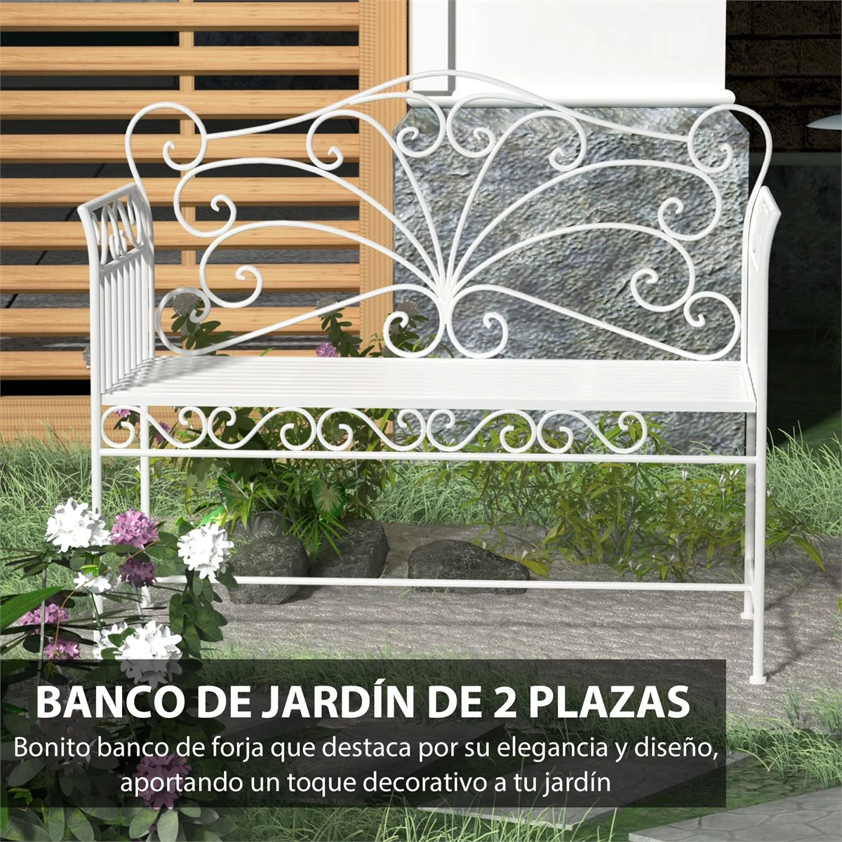 Outsunny Banco De Jardín De 2 Plazas 113,5x50x93,5 Cm Banco De Terraza De Metal Con Respaldo Decorativo Y Reposabrazos Vintage Para Exterior Carga 200 Kg Crema - Imagen 4