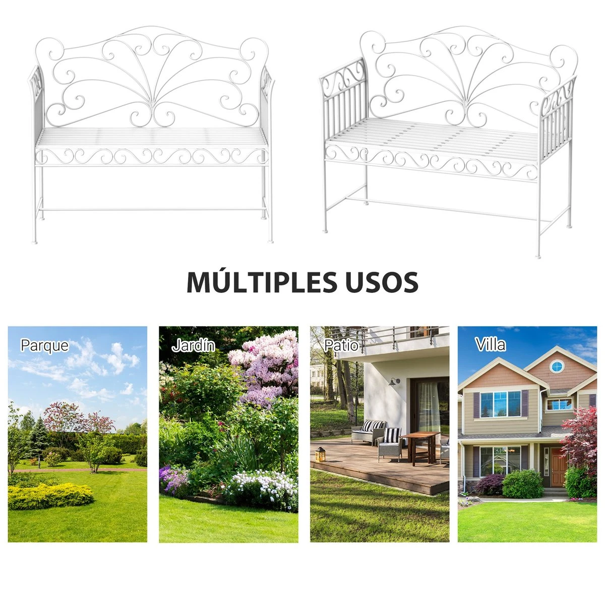 Outsunny Banco De Jardín De 2 Plazas 113,5x50x93,5 Cm Banco De Terraza De Metal Con Respaldo Decorativo Y Reposabrazos Vintage Para Exterior Carga 200 Kg Crema - Imagen 6