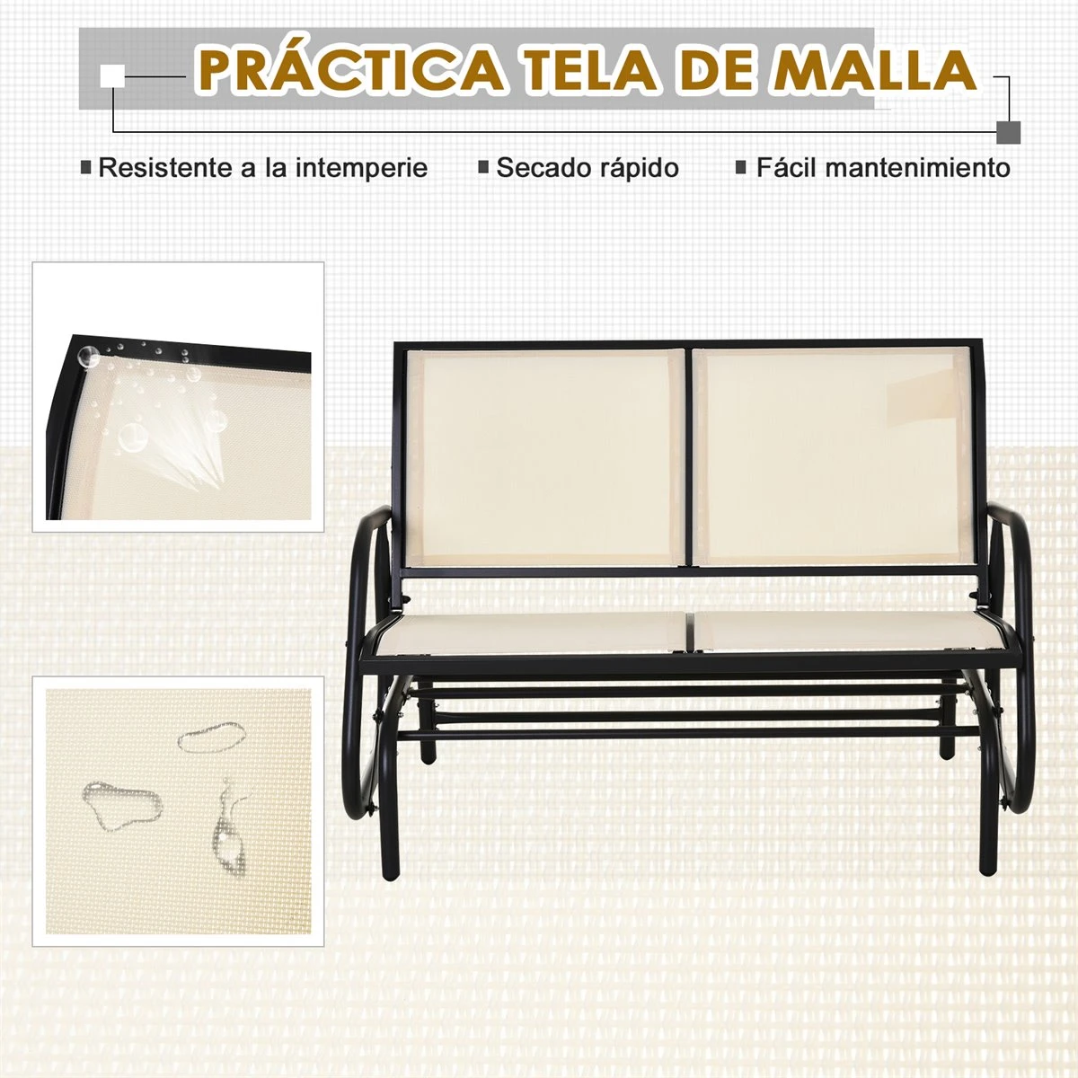 Outsunny Banco Balancín De 2 Plazas Silla Mecedora De Jardín Tubo De Metal Y Tela Texteline Transpirable Para Exterior Carga Máx. 200 Kg 120x70x85 Cm Beige - Imagen 6