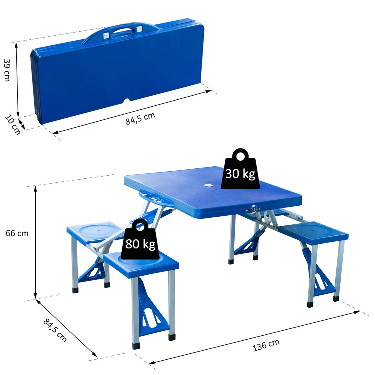 Outsunny Mesa Maleta De Camping Plegable Portátil 4 Asientos Y Agujero Sombrilla Estructura Aluminio Playa Picnic 84.5x64.5x66cm (Azul) - Imagen 3