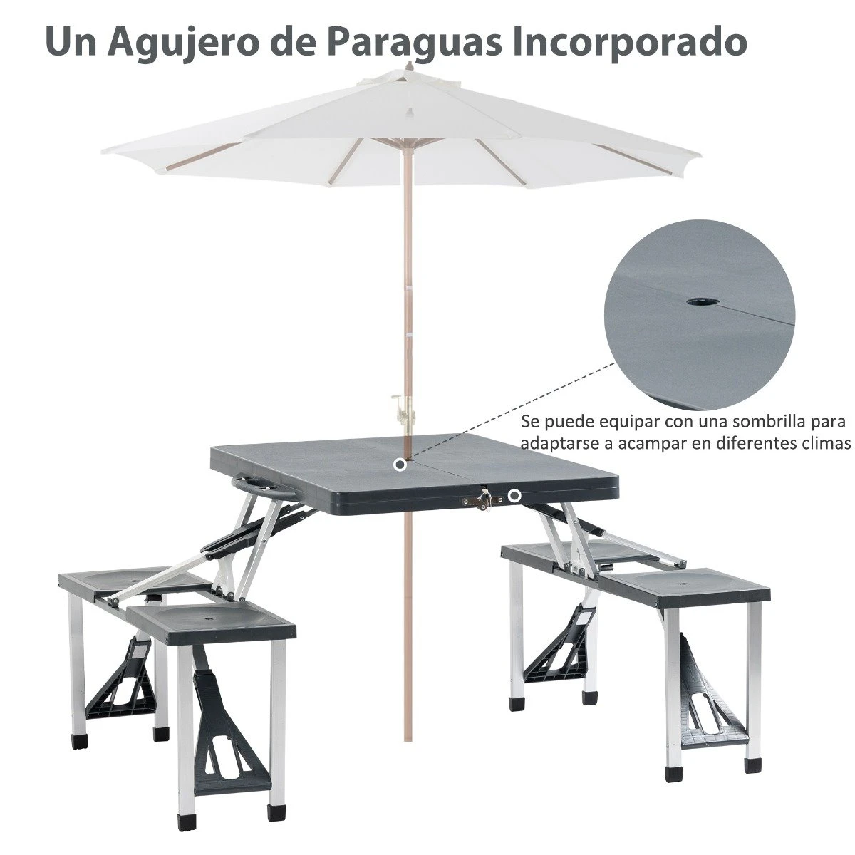 Outsunny Mesa Maleta De Camping Plegable Portátil 4 Asientos Y Agujero Sombrilla Estructura Aluminio Playa Picnic 136x84,5x66 Cm (Gris) - Imagen 4