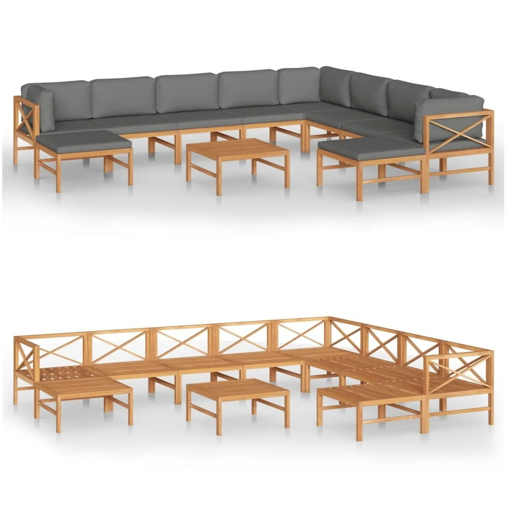 Set De Muebles De Jardín 11 Pzas Madera De Teca Y Cojines Gris VidaXL