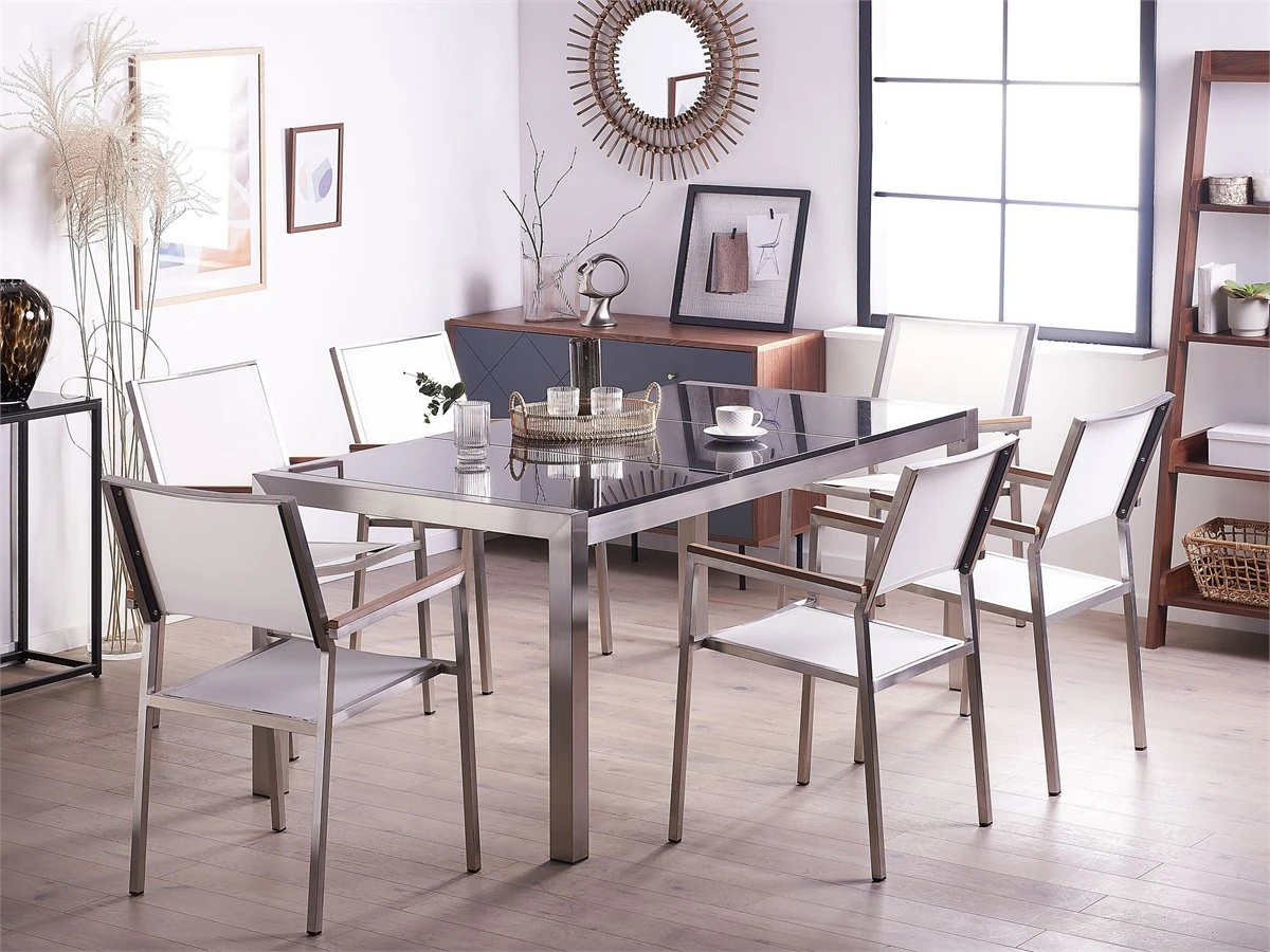 Conjunto De Jardín Mesa Con Tablero Negro De Piedra Natural 180 Cm, 6 Sillas De Tela Blanca GROSSETO - Imagen 5