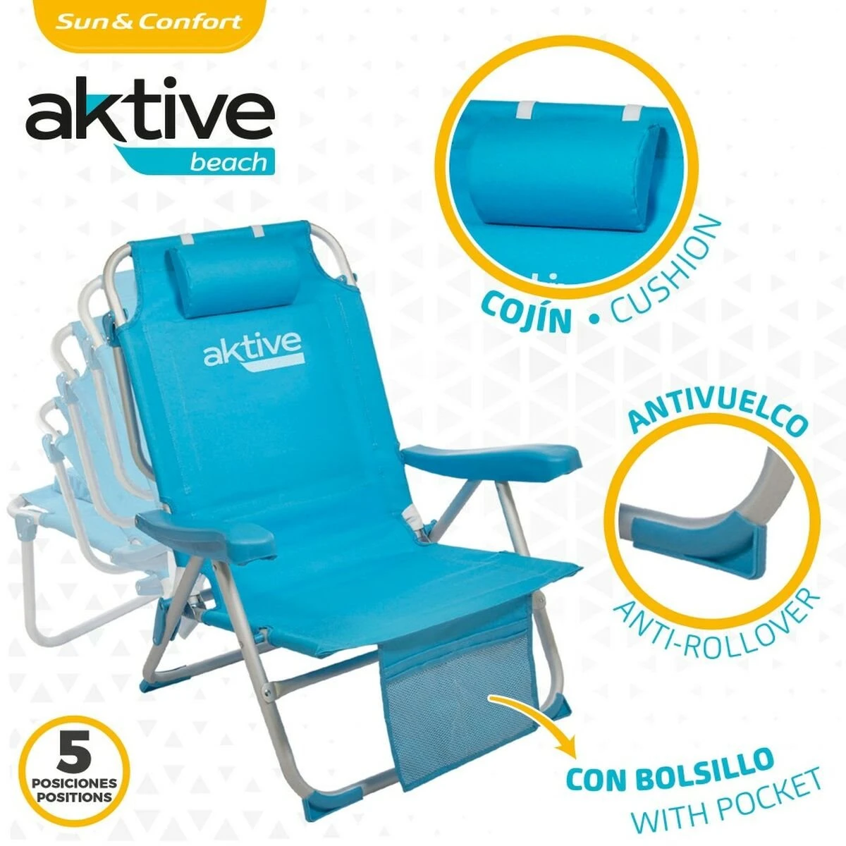 Silla Plegable Con Reposacabezas Aktive 49 X 80 X 58 Cm Azul (2 Unidades) - Imagen 4