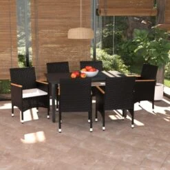 Set De Comedor De Jardín 7 Pzas Y Cojines Ratán Sintético Negro VidaXL