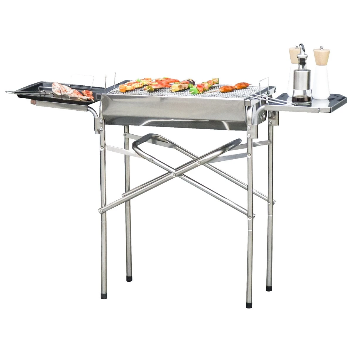 Outsunny Barbacoa De Carbón Portátil De Acero Inoxidable Con 2 Estantes Laterales Bandeja Y Parillas Al Aire Libre Para BBQ Camping Senderismo Picnics 104x30x68 Cm Plata