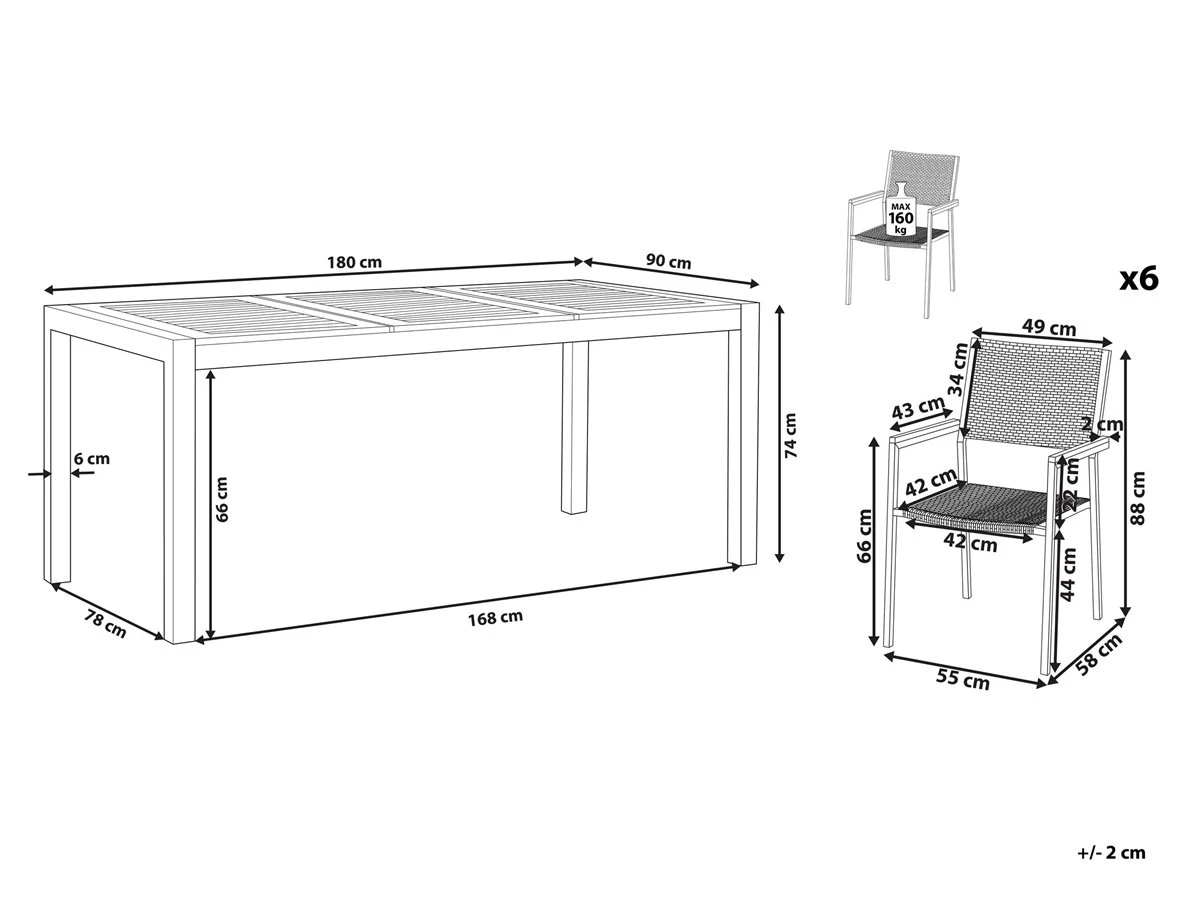 Conjunto De Jardín Mesa Con Tablero De Madera 180x90, 6 Sillas De Ratán Negro GROSSETO - Imagen 3