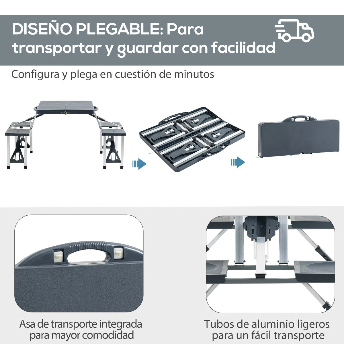 Outsunny Mesa Maleta De Camping Plegable Portátil 4 Asientos Y Agujero Sombrilla Estructura Aluminio Playa Picnic 136x84,5x66 Cm (Gris) - Imagen 7