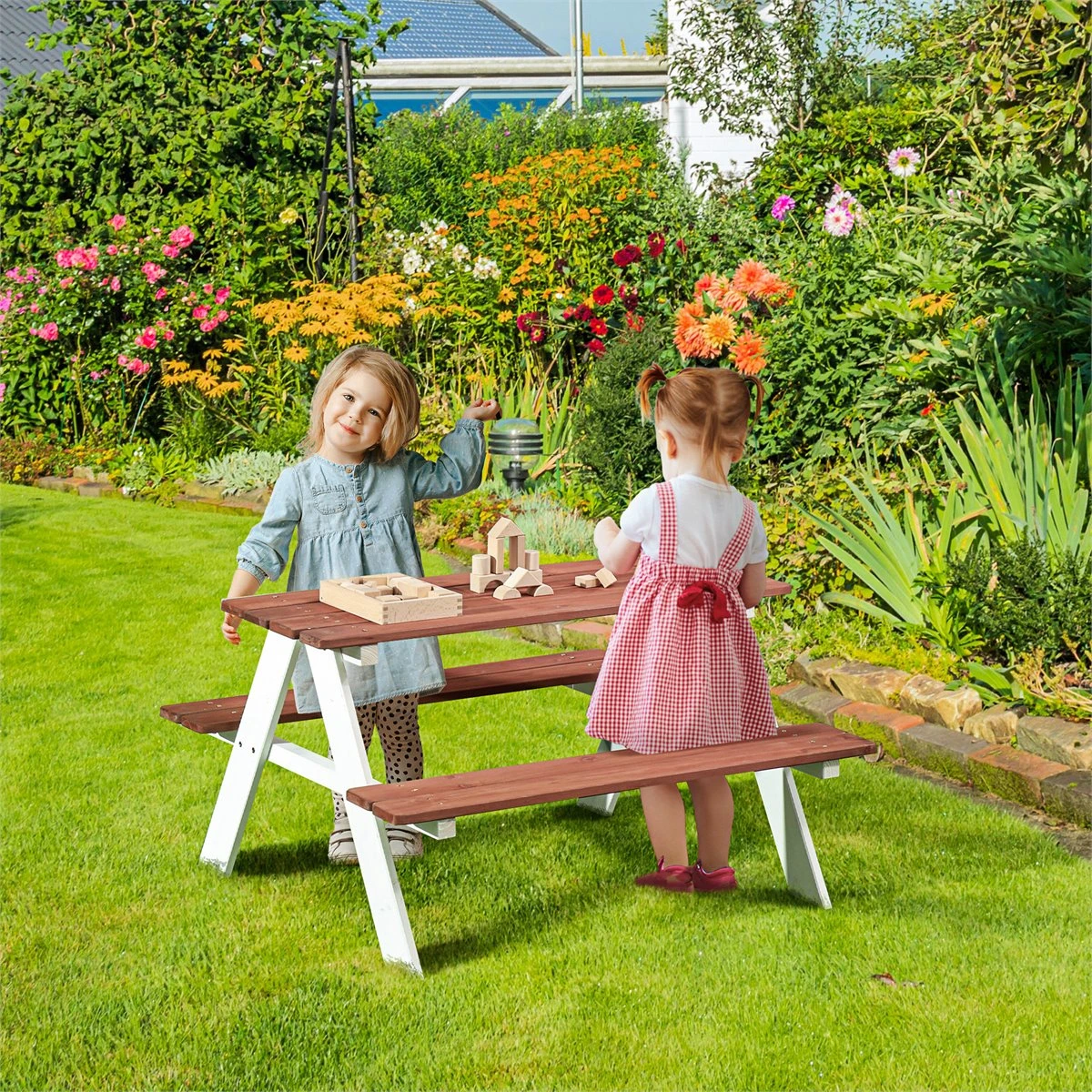 Outsunny Juego De Mesa Y 2 Bancos Infantiles De Madera Mesa De Picnic Para Niños De 3-8 Años Para Jardín Patio Terraza 89x79x50 Cm Marrón - Imagen 2