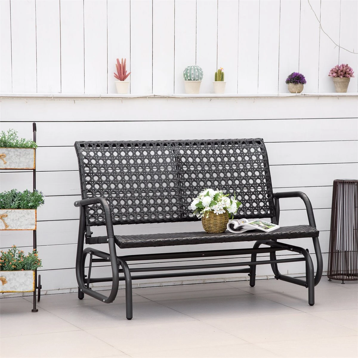 Outsunny Mecedora De Ratán De 2 Plazas Banco Balancín De Jardín Con Balanceo Ergonómico Y Marco De Metal Para Terraza Balcón Exterior Carga 220 Kg 120x70x84 Cm Negro - Imagen 2