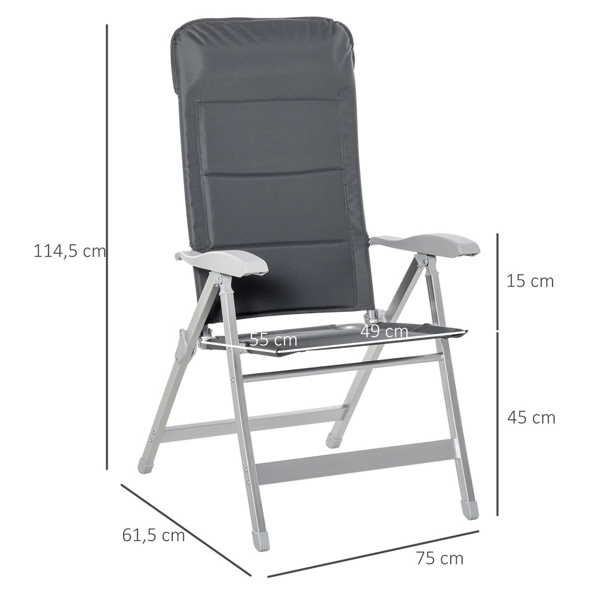 Outsunny Silla De Jardín Plegable De Aluminio Con Respaldo Alto Ajustable En 7 Posiciones Y Reposacabezas Acolchado Para Exterior 75x61,5x114,5 Cm Gris - Imagen 3