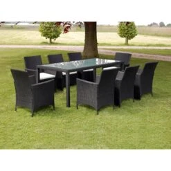 Set Comedor De Jardín 9 Piezas Y Cojines Ratán Sintético Negro VidaXL
