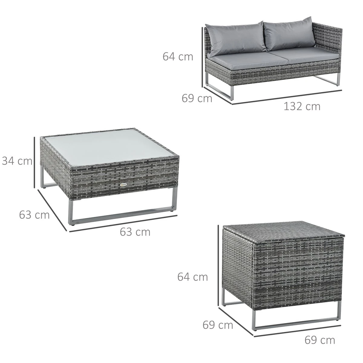 Outsunny Conjunto De 4 Muebles De Jardín De Ratán Con 2 Sofás Dobles Mesa Central Mesa Con Arcón Cojines Extraíbles Para Terraza Exterior 132x69x64 Cm Gris - Imagen 3