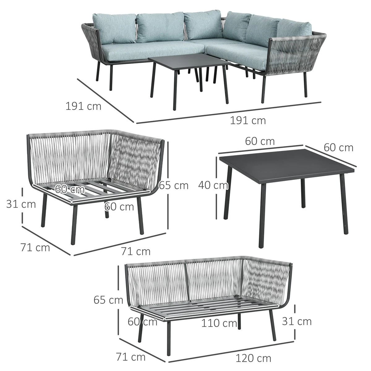 Outsunny Conjunto De Muebles De Ratán 4 Piezas Set De Muebles De Jardín 2 Sofá De 2 Plazas Sofá De Esquina Mesa De Centro Con 6 Cojines Acolchados Y Marco De Aluminio Para Terraza Patio Gris - Imagen 3