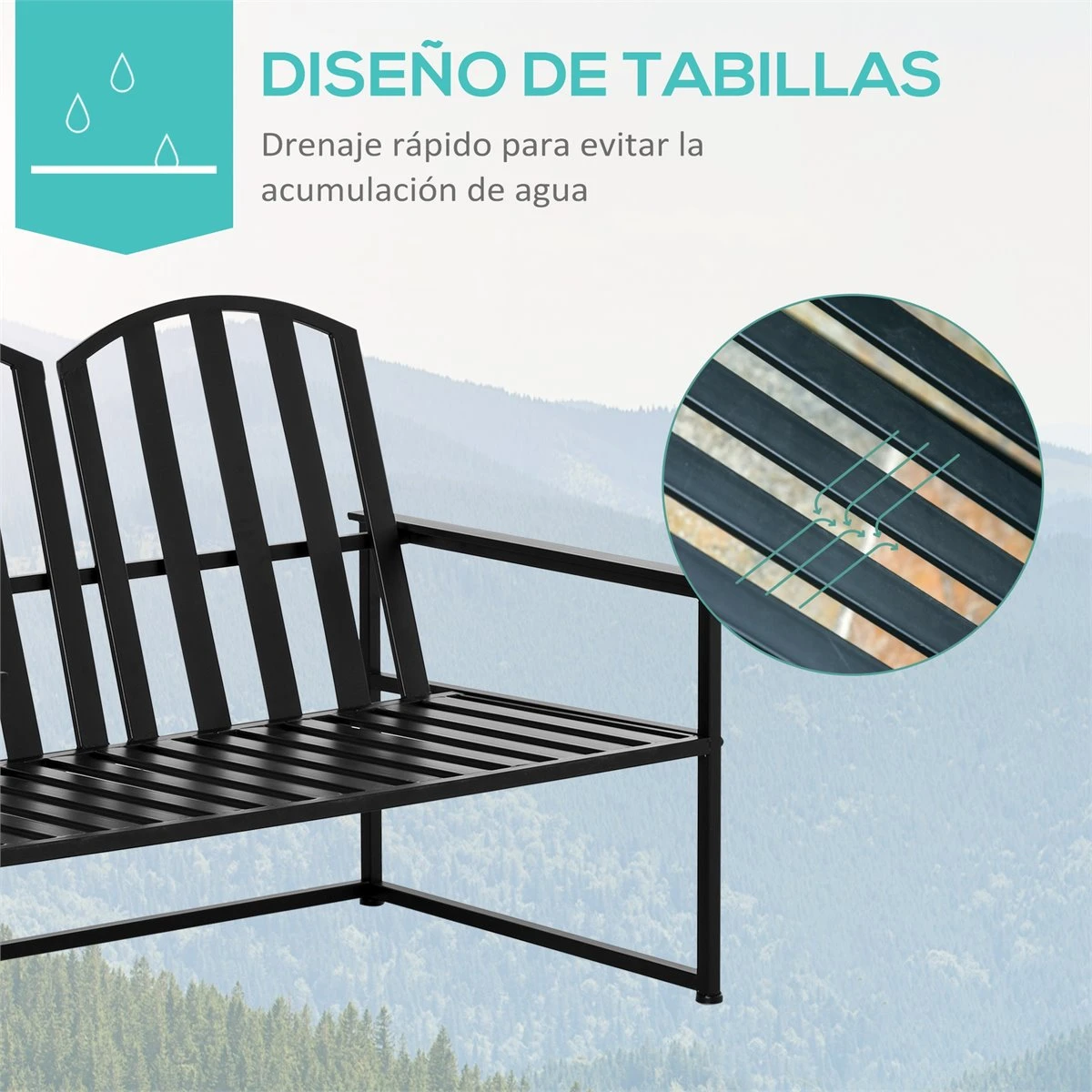 Outsunny Banco De Jardín De 2 Plazas Metal Con Respaldo Alto Y Reposabrazos Para Exterior Parque Patio Terraza Estilo Rústico Carga Máx. 220 Kg 108x63x80,5 Cm Negro - Imagen 5