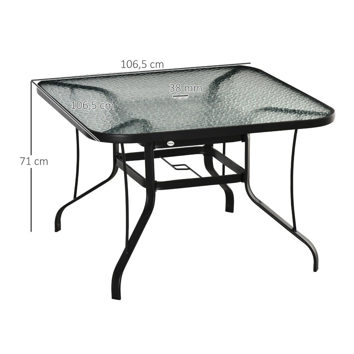 Outsunny Mesa De Cristal De Jardín Con Agujero Para Sombrilla Mesa Para Comer Cuadrada Con Marco De Acero Para Exterior Terraza Balcón 106,5x106,5x71 Cm Negro - Imagen 3