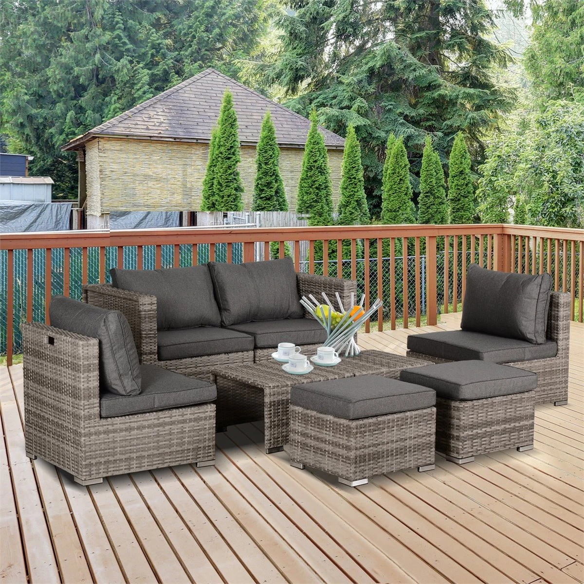 Outsunny Conjunto De Muebles De Jardín 8 Piezas De Ratán Convertible Con 2 Mesas De Centro 2 Sofás Esquineros 2 Sillones 2 Taburetes Con Cojines Para Patio Porche Terraza Gris - Imagen 2