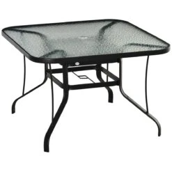 Outsunny Mesa De Cristal De Jardín Con Agujero Para Sombrilla Mesa Para Comer Cuadrada Con Marco De Acero Para Exterior Terraza Balcón 106,5x106,5x71 Cm Negro