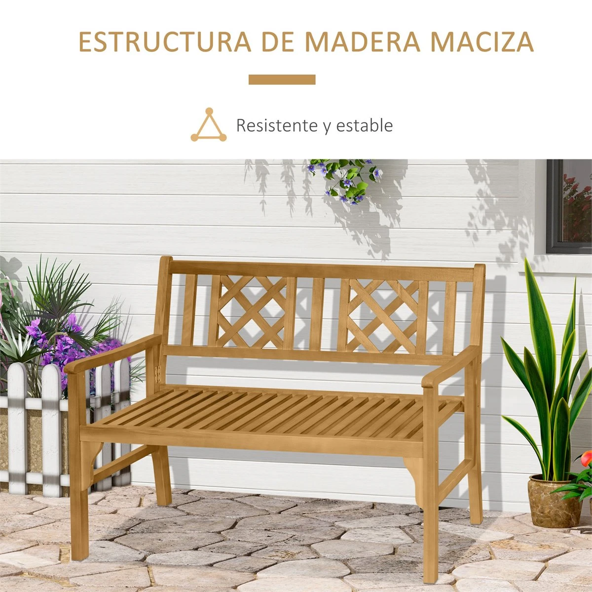 Outsunny Banco De Jardín Plegable De Madera Banco De 2 Plazas Exterior 120,5x55,5x90,2 Cm Con Asiento De Listones Y Reposabrazos Para Terraza Balcón Patio Natural - Imagen 6
