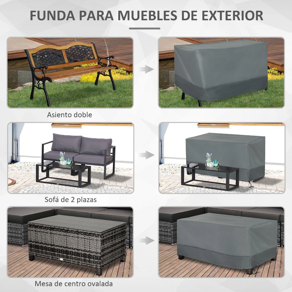 Outsunny Funda Protectora Para Muebles De Jardín Tela Oxford 600D Impermeable Cubierta De Muebles De Mesas Sillas Sofás Exterior Con Cordón Y Hebilla 190,5x72x76 Cm Gris - Imagen 5