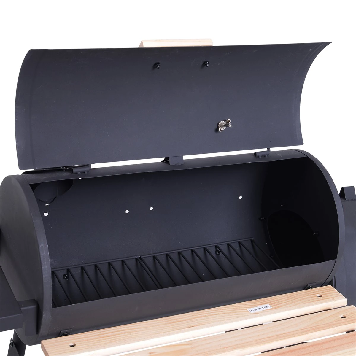 Outsunny Barbacoa De Carbón 3 En 1 Ahumador Parilla De Carbón Barbacoa De BBQ 124x53x104 Cm Con Termómetro Y Ruedas Estantes De Madera Picnic Acampada Al Aire Libre - Imagen 6