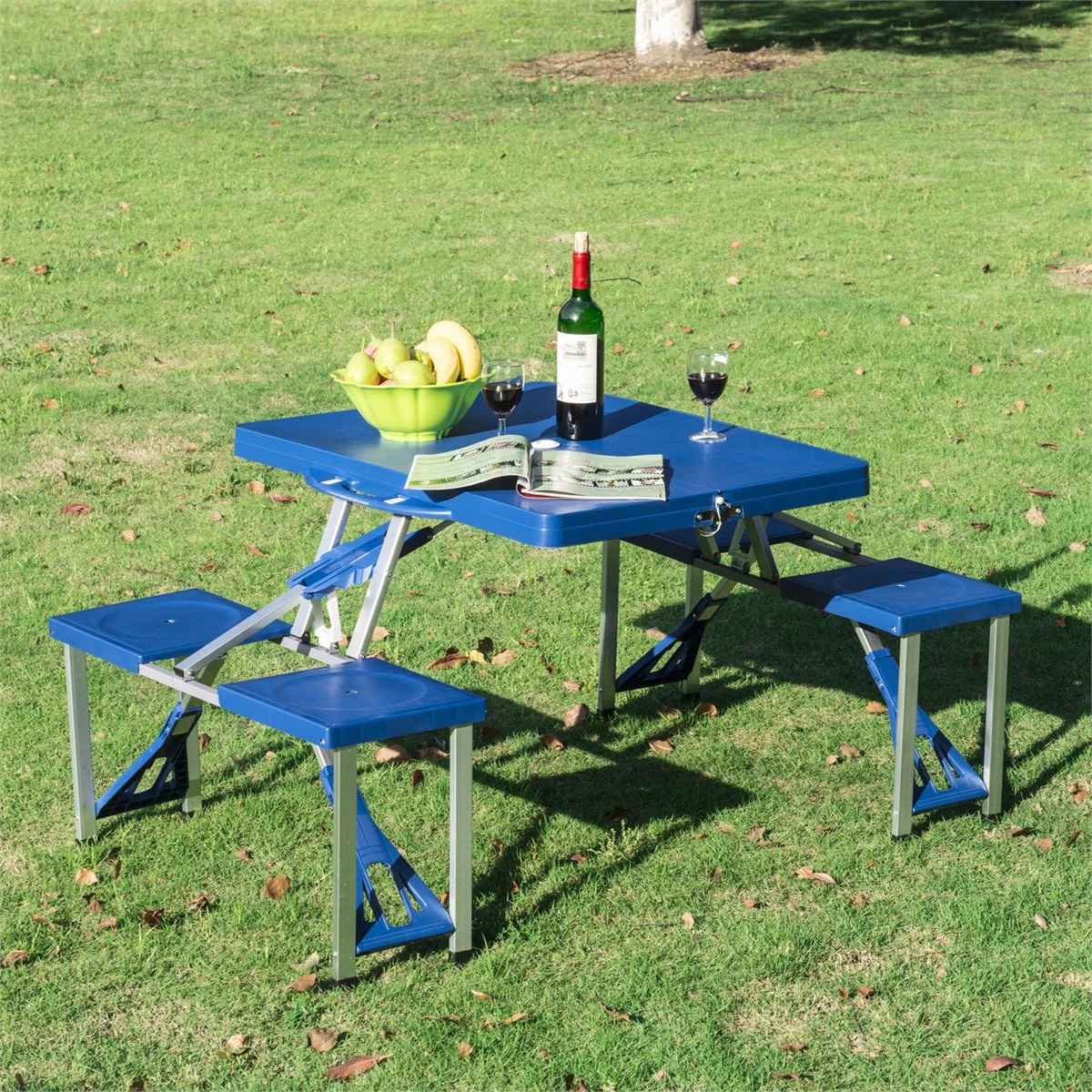 Outsunny Mesa Maleta De Camping Plegable Portátil 4 Asientos Y Agujero Sombrilla Estructura Aluminio Playa Picnic 84.5x64.5x66cm (Azul) - Imagen 2