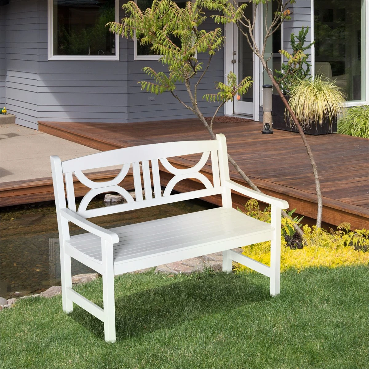 Outsunny Banco De Madera Maciza Exterior De 2 Plazas 123x61x89,5 Cm Banco De Jardín Con Respaldo Decorativo Y Reposabrazos Para Terraza Balcón Patio Carga 250 Kg Blanco - Imagen 2