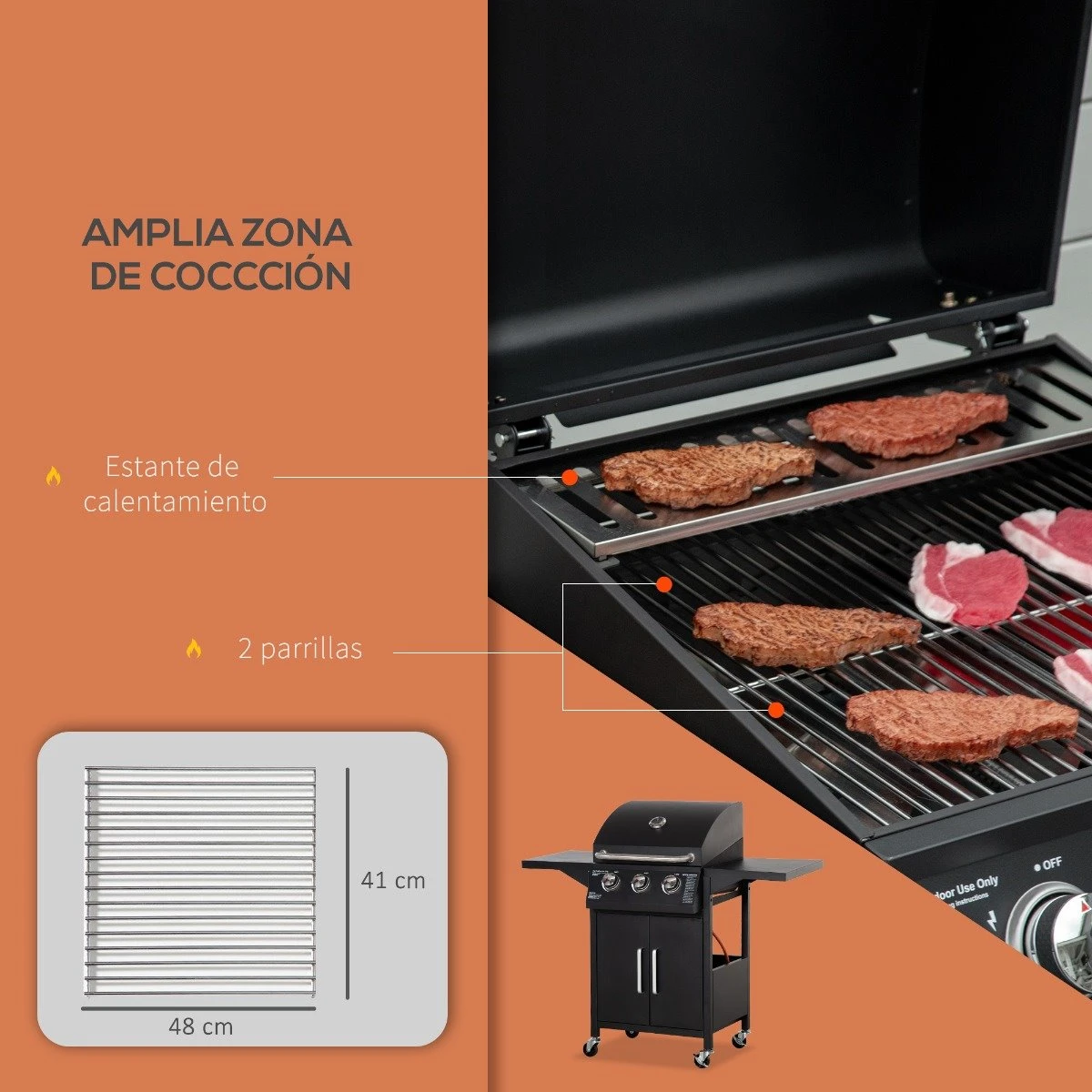 Outsunny Barbacoa De Gas Con 3 Quemadores 8,7 KW Termómetro Parrilla De Gas Con 2 Mesas Laterales Armario De 2 Puertas 4 Ruedas Y Frenos Acero Al Carbono Para BBQ 121x55x109 Cm Negro - Imagen 4