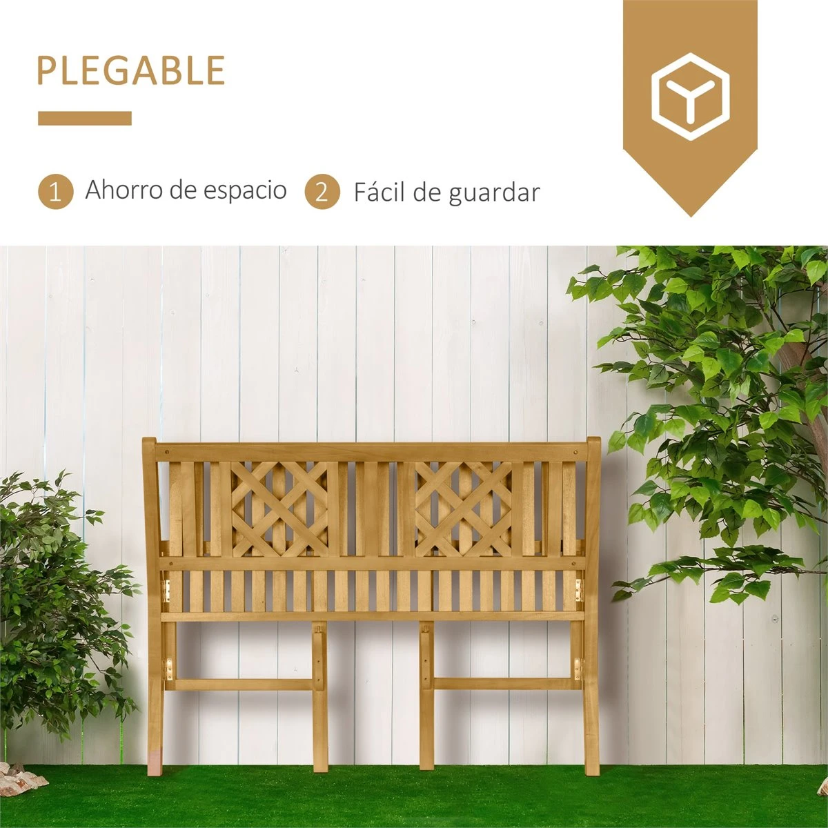 Outsunny Banco De Jardín Plegable De Madera Banco De 2 Plazas Exterior 120,5x55,5x90,2 Cm Con Asiento De Listones Y Reposabrazos Para Terraza Balcón Patio Natural - Imagen 5