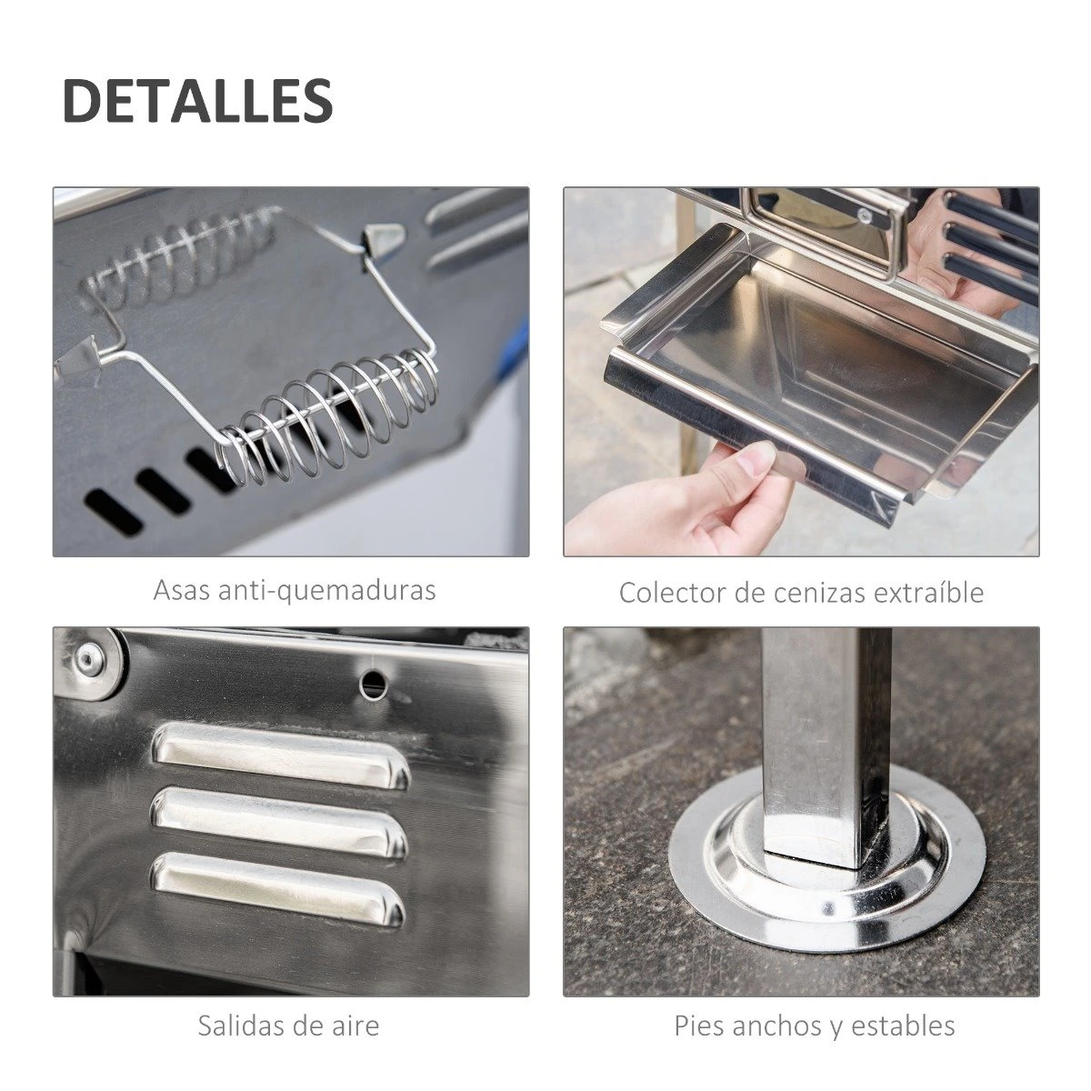 Outsunny Barbacoa De Carbón De Acero Inoxidable Portátil Con Altura Ajustable 2 Estantes Plancha Y Parrillas Al Aire Libre Para BBQ Camping Picnics 120x31x60-70 Cm Plata - Imagen 6