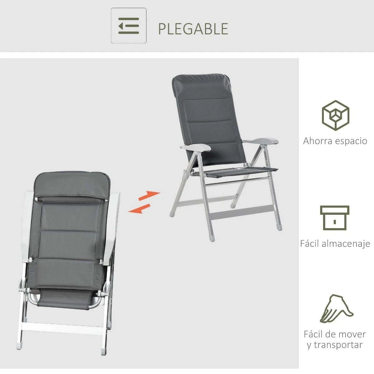 Outsunny Silla De Jardín Plegable De Aluminio Con Respaldo Alto Ajustable En 7 Posiciones Y Reposacabezas Acolchado Para Exterior 75x61,5x114,5 Cm Gris - Imagen 6