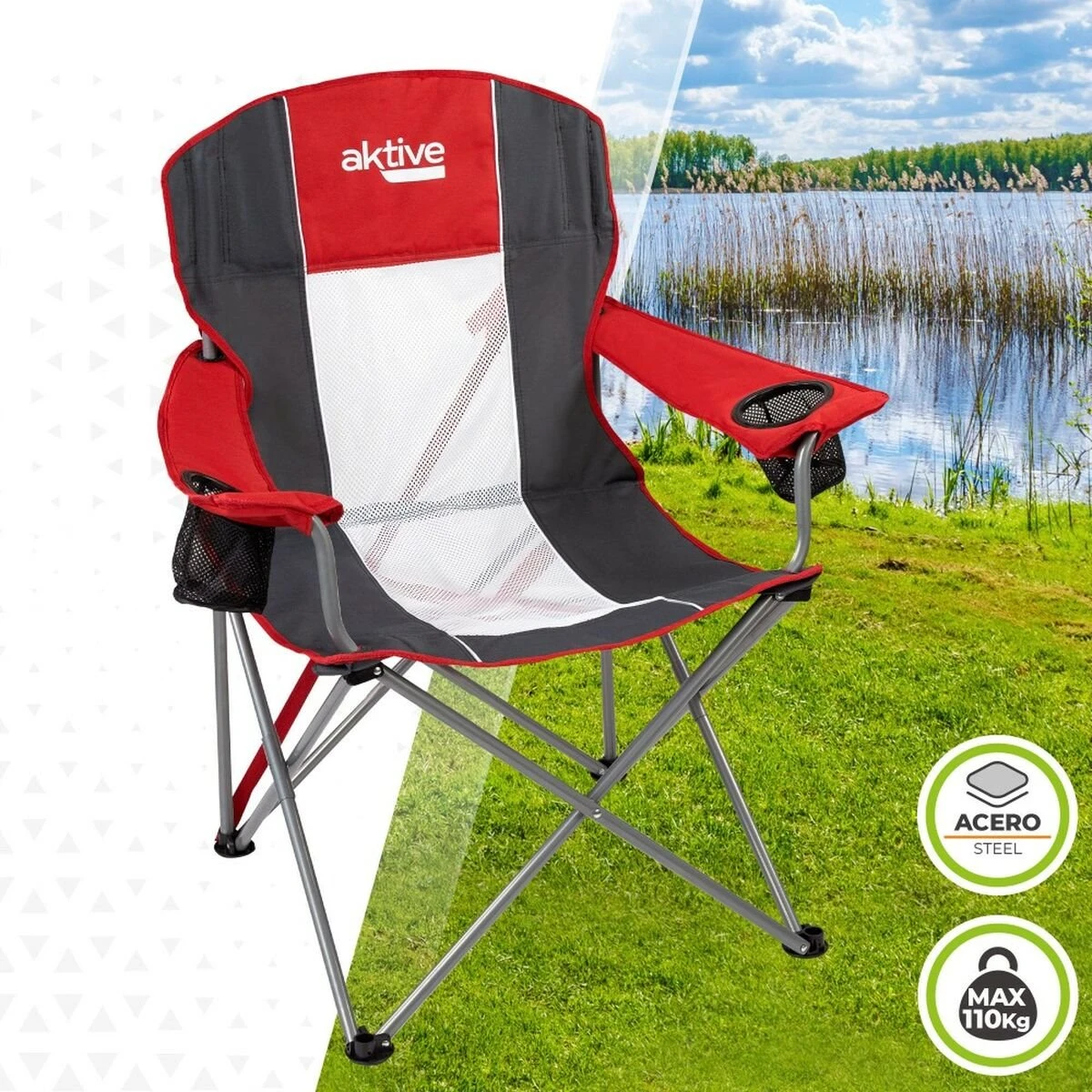 Silla Plegable Para Camping Aktive Rojo Gris Oscuro 56 X 98 X 59 Cm (4 Unidades) - Imagen 3