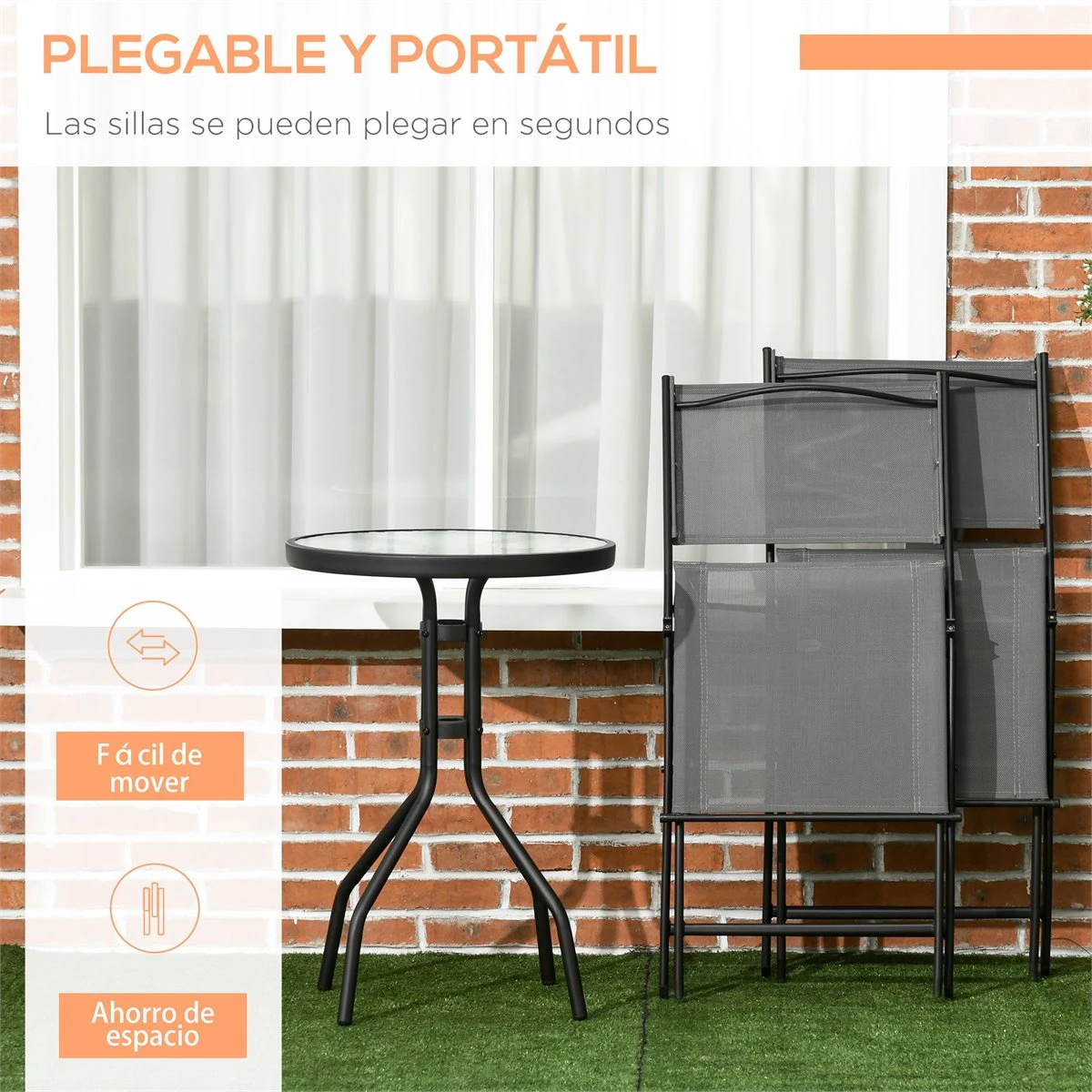 Outsunny Conjunto De Muebles De Jardín 3 Piezas Set De Muebles Exterior Incluye Mesa Con Encimera De Vidrio Templado Y 2 Sillones Plegable Con Respaldo Y Asiento De Texteline Gris - Imagen 4