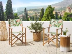 Conjunto De 2 Sillas De Jardín Madera Clara/blanco Crema Con Tela Verde/blanco/rosa CINE