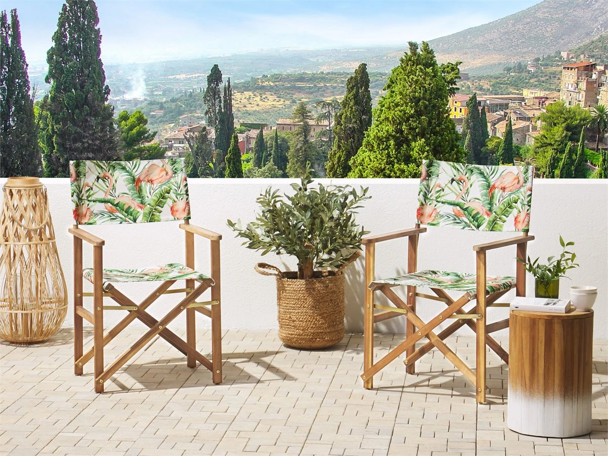 Conjunto De 2 Sillas De Jardín Madera Clara/blanco Crema Con Tela Verde/blanco/rosa CINE