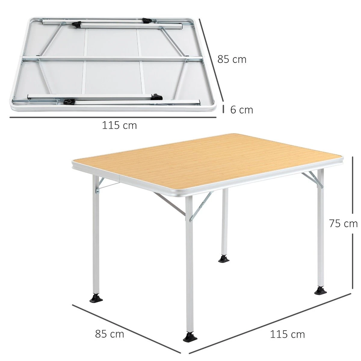 Outsunny Mesa De Camping Plegable Mesa De Picnic Portátil De Aluminio Con Encimera De Madera Y 4 Almohadillas De Pie Multifuncional Para Terraza Jardín Playa 115x85x75 Cm Natural - Imagen 3