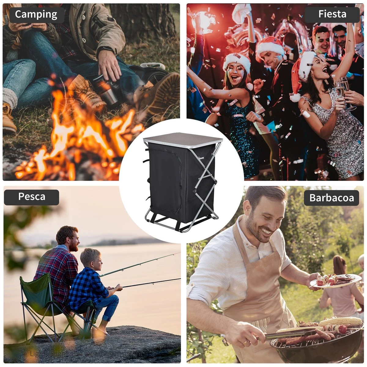 Outsunny Armario Cocina De Camping Plegable Con Paravientos 3 Estantes Bolsa De Almacenamiento Encimera 58X65x93 Cm Para Exterior Acampadas Picnics Tela Oxford Negro - Imagen 7