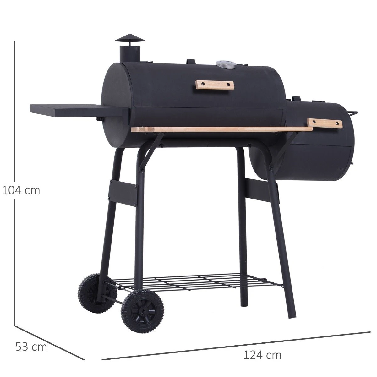 Outsunny Barbacoa De Carbón 3 En 1 Ahumador Parilla De Carbón Barbacoa De BBQ 124x53x104 Cm Con Termómetro Y Ruedas Estantes De Madera Picnic Acampada Al Aire Libre - Imagen 3