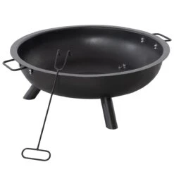 Outsunny Brasero Exterior 79x69x25,5 Cm Cuenco De Fuego Con Asas De Transporte Atizador 3 Pies Y Marco De Acero Para Hogueras Leñas Terraza Jardín Al Aire Libre Negro